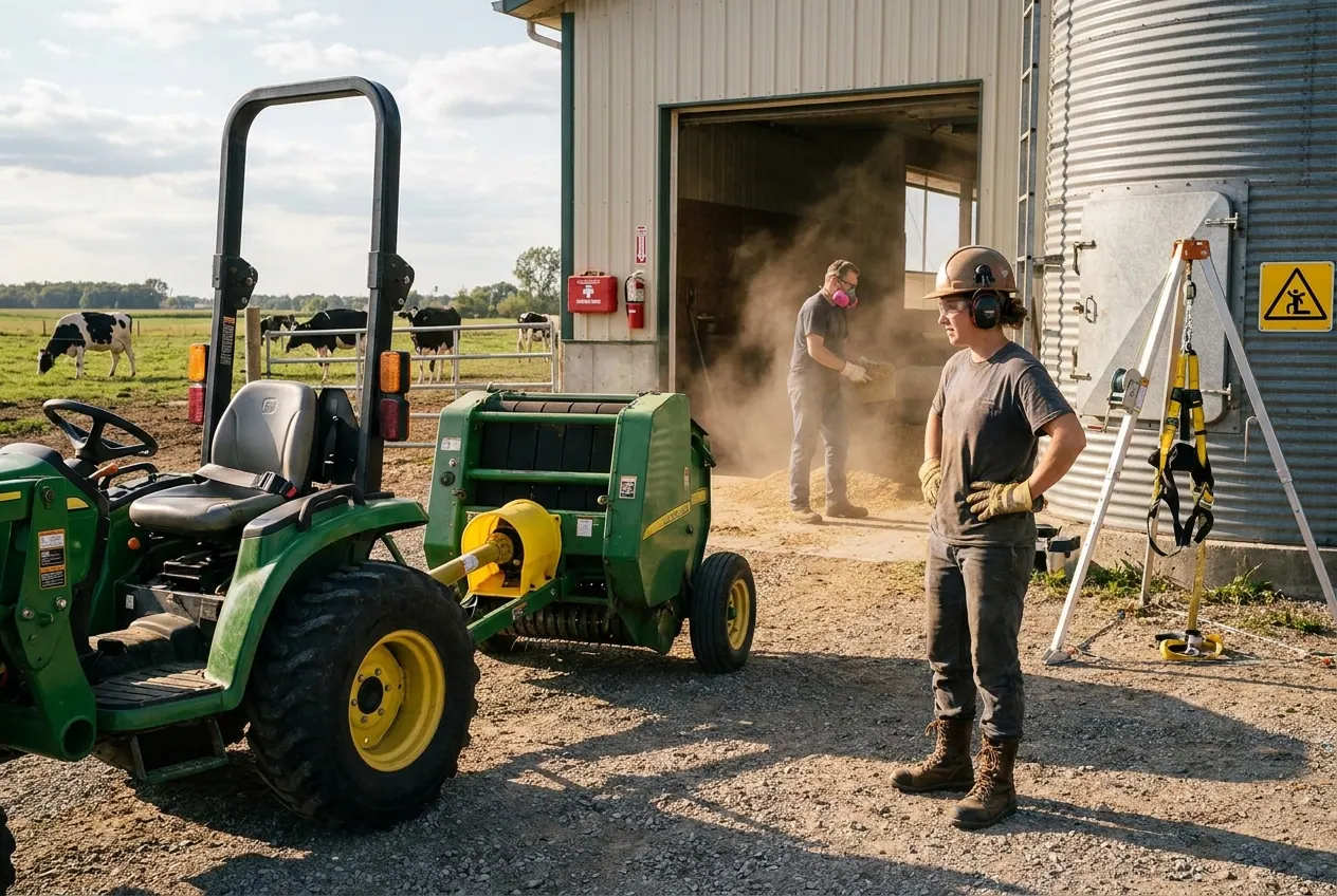 Farm worker in ear muffs, safety glasses, gloves and boots beside a tractor with a roll bar and a shielded PTO driveline to a baler, a second worker in a half-face respirator handling dusty feed, and a grain bin with a confined-space sign and a retrieval tripod
