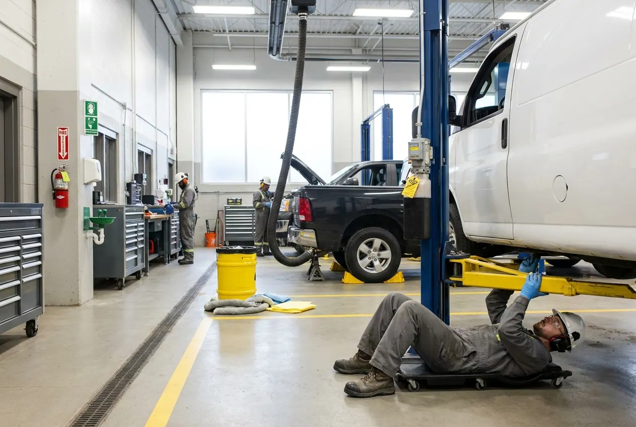Fleet garage technician in safety glasses, ear muffs, nitrile gloves and coveralls working at a two-post lift with a van raised and locked, a pickup on jack stands with wheel chocks, an exhaust extraction hose, a spill kit, extinguisher and eyewash station