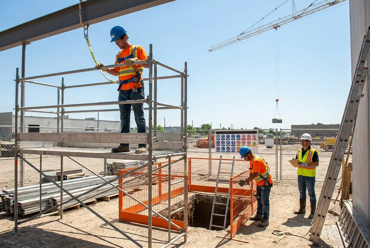 Construction worker on a guardrailed scaffold wearing a hard hat, hi-vis vest, glasses, gloves and a harness clipped to an overhead anchor, with a second worker fencing an excavation and a supervisor with a clipboard