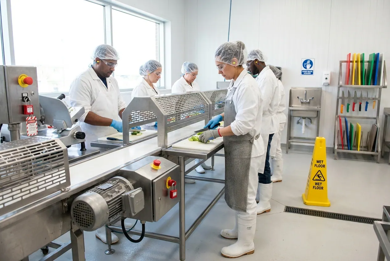 Food processing line with workers in hairnets, smocks, nitrile gloves, safety glasses and ear plugs, a knife operator in a chain-mail apron and cut-resistant glove, guarded conveyor with red emergency stops, lockout tag on a slicer and a wet-floor cone