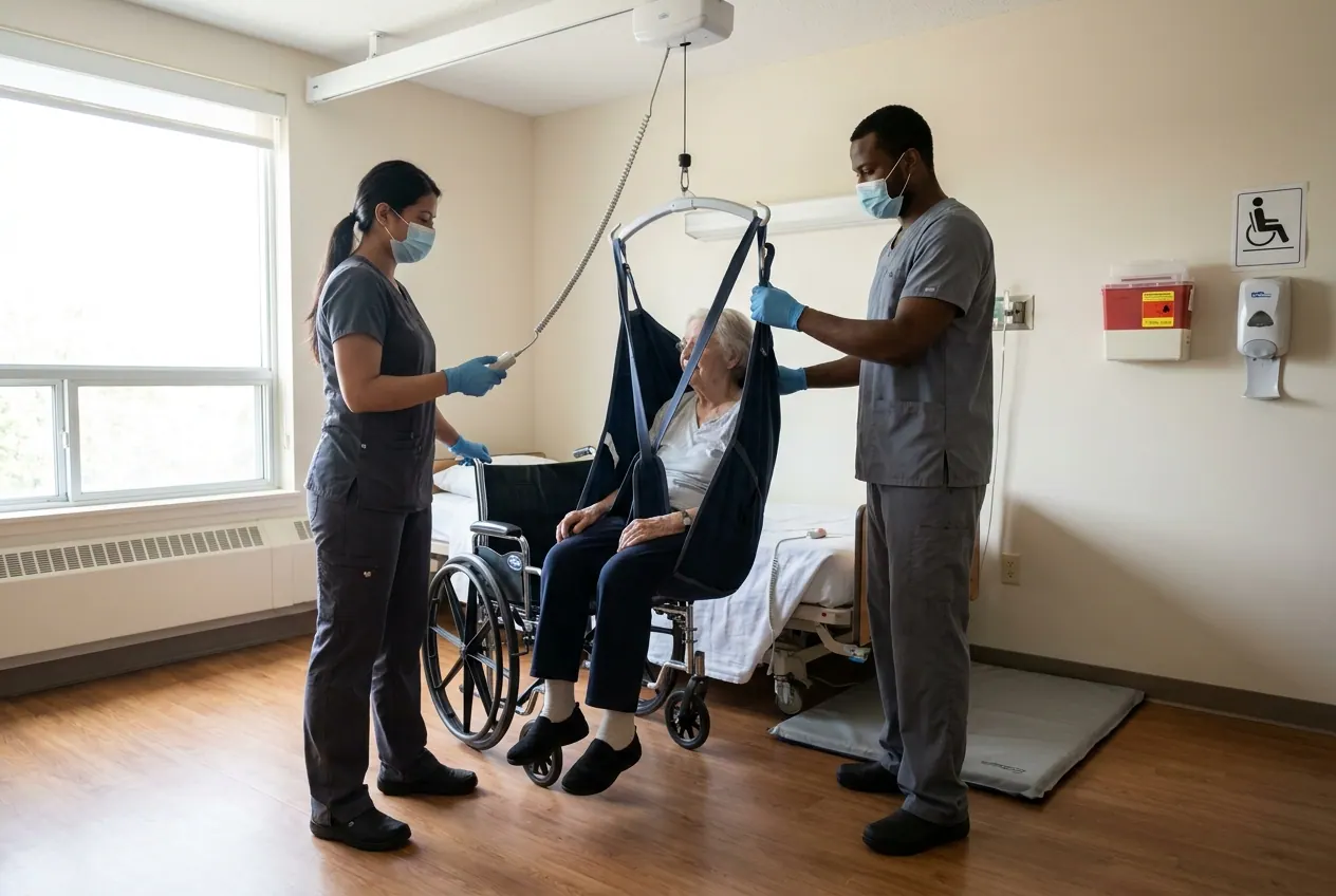 Two care workers in scrubs, masks and nitrile gloves transferring a resident with a ceiling-track lift and sling, sharps container and hand sanitiser on the wall, fall mat beside the bed