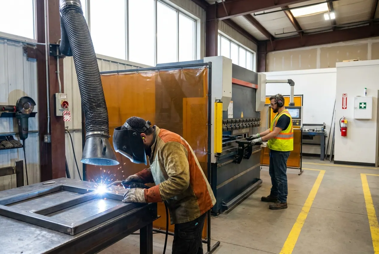 Welder in a lowered helmet welding behind an amber screen under a fume extraction arm, with a press brake operator in safety glasses, hi-vis and ear muffs behind a light curtain