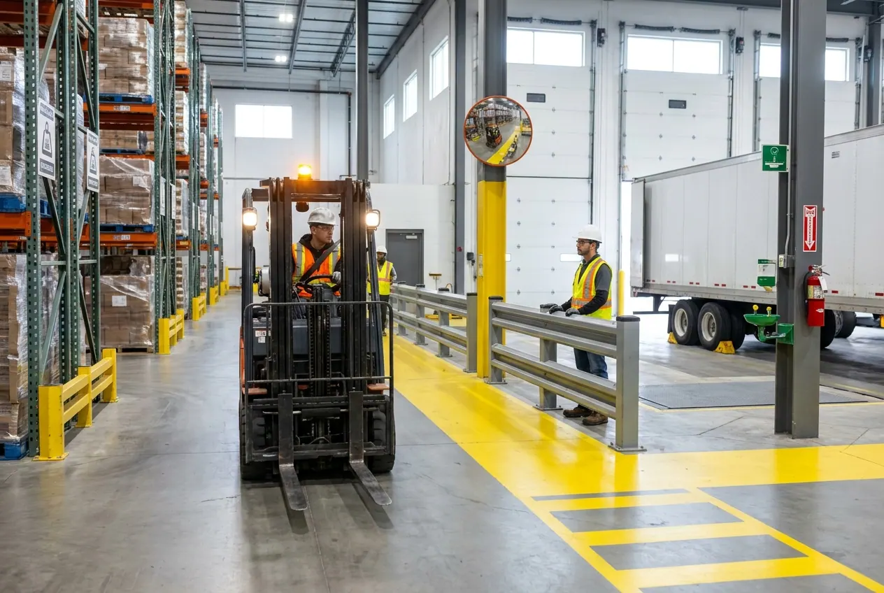 Forklift operator with seat belt fastened driving with forks low beside a barrier-protected pedestrian walkway where a worker in hi-vis waits at a crossing under a convex mirror, with guarded racking and a chocked trailer at the dock